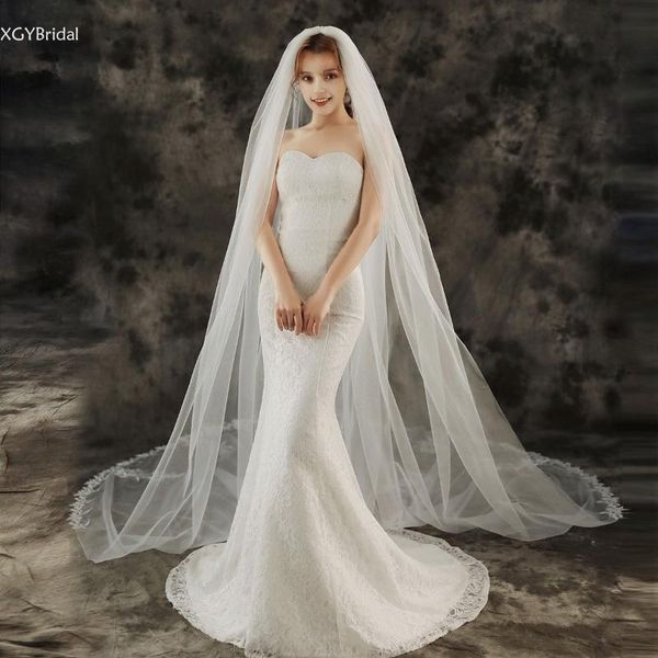 

bridal veils 2021 arrival elegant cathedral veil nylon lace edge flexible pipe with comb one layer appliqued 3 meters long, Black