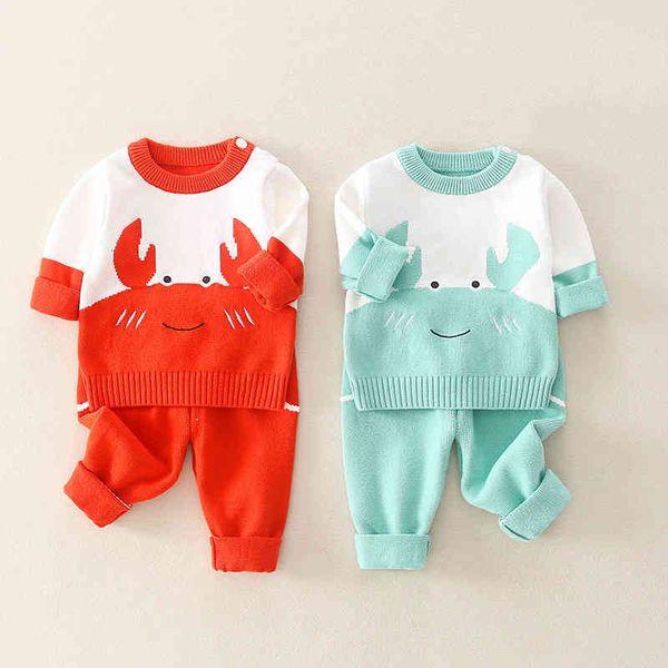 

spring autumn children's clothes suit cartoon crab knitted long-sleeved pullover two-piece for boys and girls 210515, White