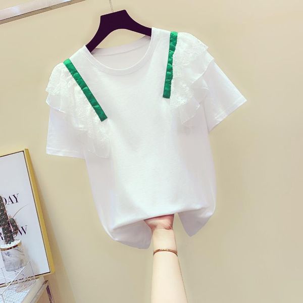 

women's t-shirt lace patchwork ruffled cotton short sleeve female 2021 spring and summer simplicity korean loose, White