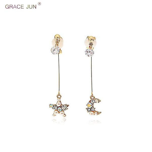 

clip-on & screw back grace jun gold color rhinestone simulated pearl cz moon star shape clip on earrings and drop pierced for women bijoux, Silver