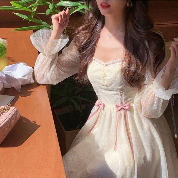 

casual dresses autumn french literary girl prairie lolita gentle fairy dress square collar puff sleeve bow bandage lace women knee-length, Black;gray