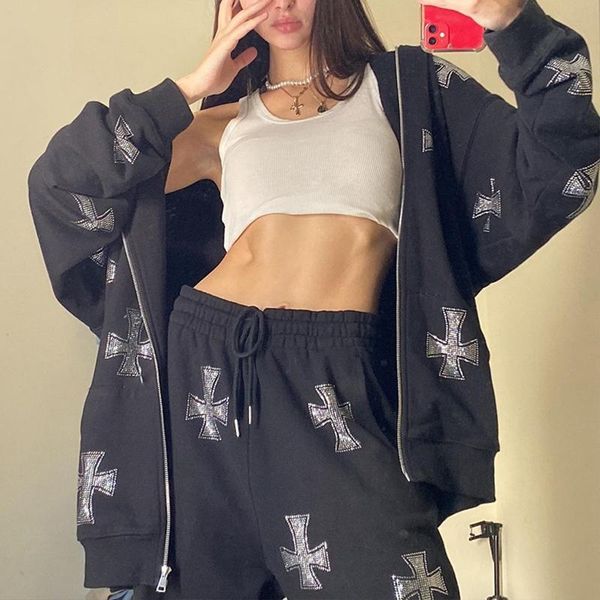 

women's pants & capris autumn women high waist elastic loose black sports oversize pant rhinestone cross printing sweatpants korean fas, Black;white