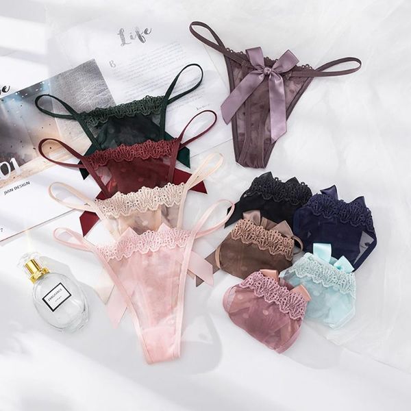 

women's panties 1pc women thin belt mesh lace bow dot design low-waist female breathable transparent g-string, Black;pink