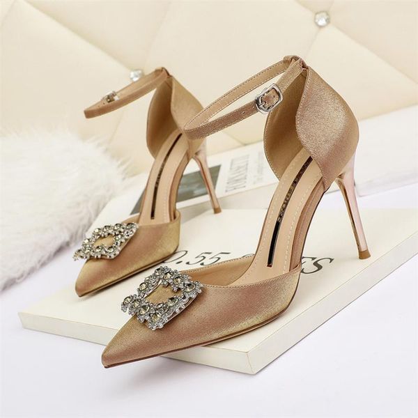 

sandals 9.5cm/6.5cm heel luxury big crystal women bling buckle high heels shoes woman wedding party pointed 12 colors, Black