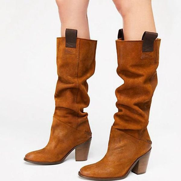 

warm winter shoes nice women mid calf boots woman solid casual square heel female 's slip on high heels big size, Black