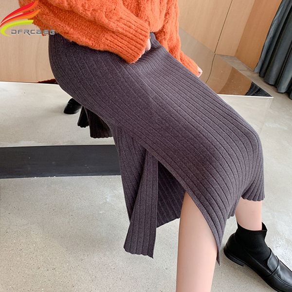 

skirts side slit knit women autumn winter high elastic waist rib quality long knitted wdyz, Black