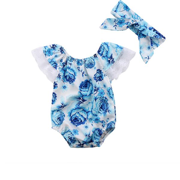

0-24m cute lovely floral print bodysuit toddler baby girl short sleeve o-neck covered button blue flowers bodysuit headband 2pcs, White