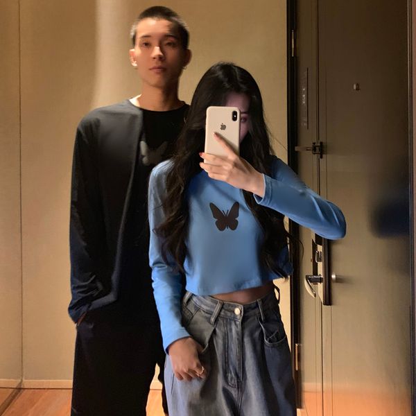 

3 colors sml autumn korean style 2021 butterfly print long sleeve loose t-shirts womens tee shirt femme women (c2800), White