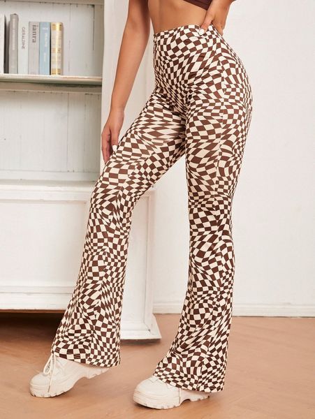 

checked print flare leg pants s6z6#, Black;white