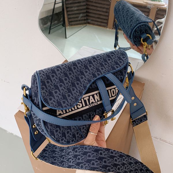 

designer new fashion women's saddle bag letter wide single shoulder belt messenger simple atmosphere handbags outlet