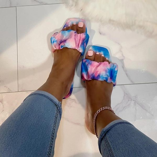 

slippers women's trendying tie-dye summer flat pleated slip on slipper tie-dyed round toe shoes modern sandals drop, Black
