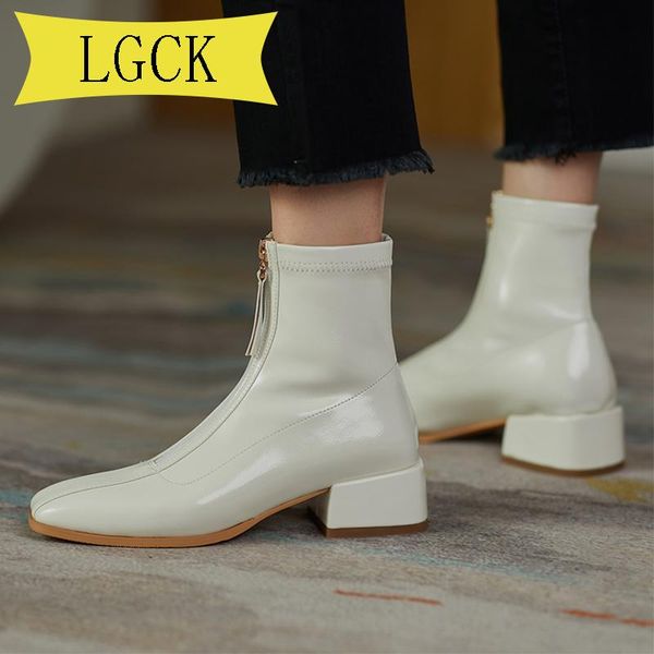 

boots plus size 34-43 winter fashion women beige square toe genuine leather ankle heels zip autumn female, Black