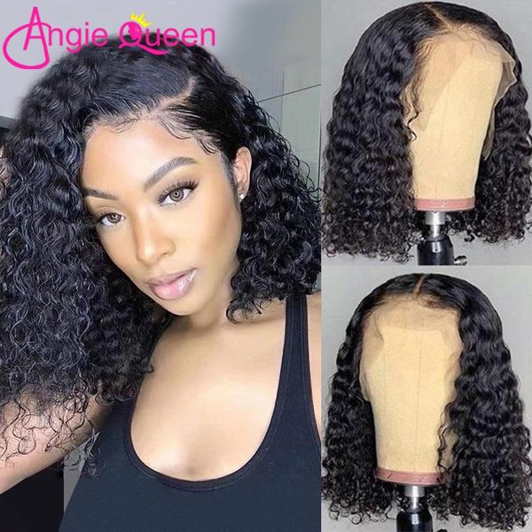 

deep wave short bob 13x4x1tpart lace part wig angie queen brazilian remy hair natural color front human for woman wigs, Black;brown