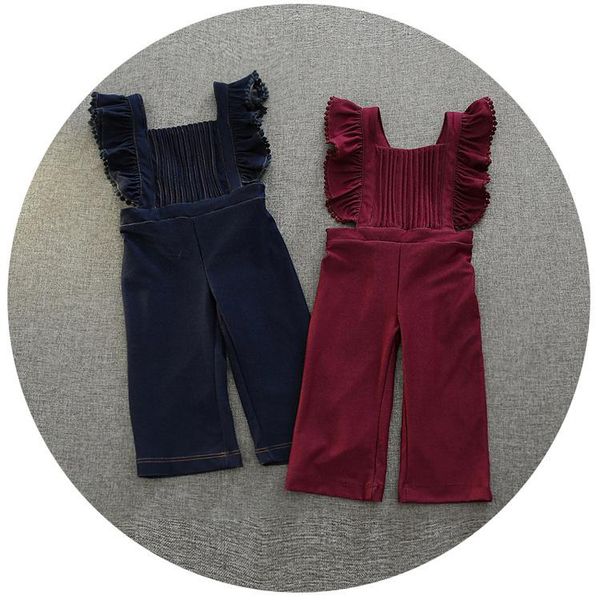 

trousers cute girls ruffles denim overalls suspend pants vintage red and blue color sweet spring fall casual
