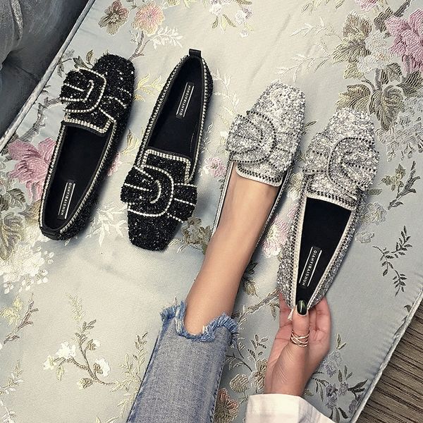 

Woman Flats Ballet Shoes Bow Autumn 2018 Luxury Female Loafer Shoes Rhinestone Casual Flat Lady Sequins Flats for woman, Black