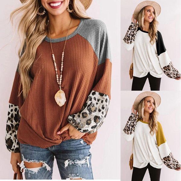 

women's t-shirt waffle casual shirt long-sleeved sweater fashion leopard stitching round neck pullover for spring autumn, White