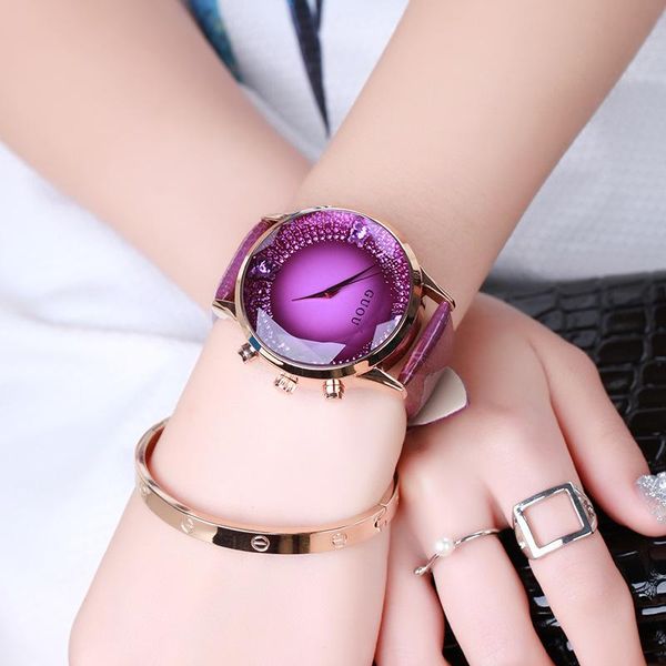 

wristwatches guou brand rhinestone crystal watch glass multicolour genuine leather belt fashion personality big dial, Slivery;brown