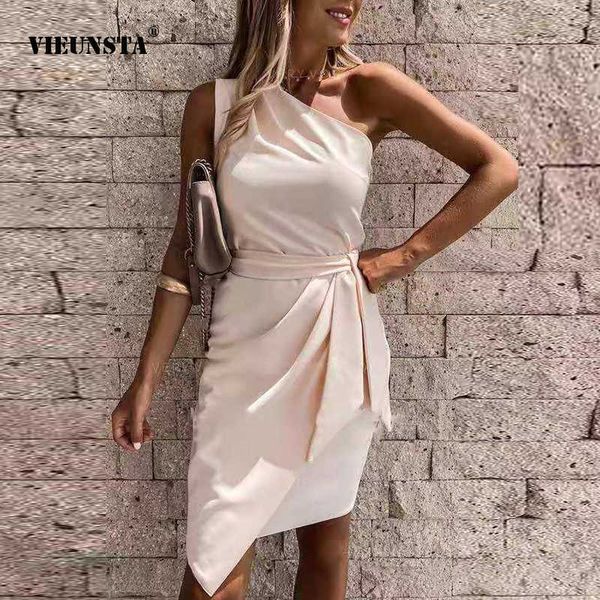 VIEUNSTA New Summer DrElegant Women Irregular Off Shoulder Party Dresses 2021 Lady SleevelSlanted Shoulder Spring Dress X0529