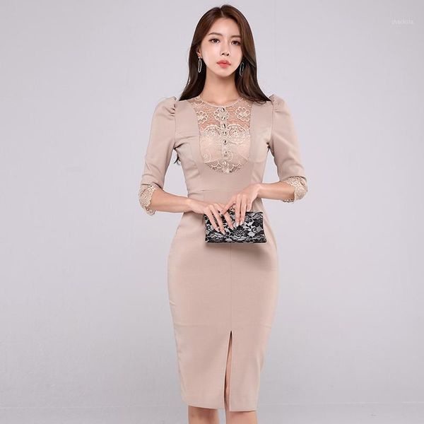 

patchwork women dress spring lace single breasted o-neck dresses apricot 3183 casual, Black;gray