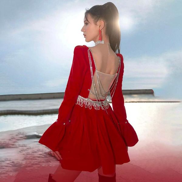 

casual dresses white day square collar long sleeve fold rhinestone velvet elegant girls club dance red backless mini dress, Black;gray