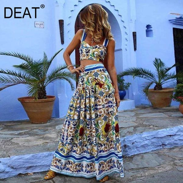 

[deat] summer fashion sling printing floor-length loose skirts elegant women two-piece suit 13c956 210527, White