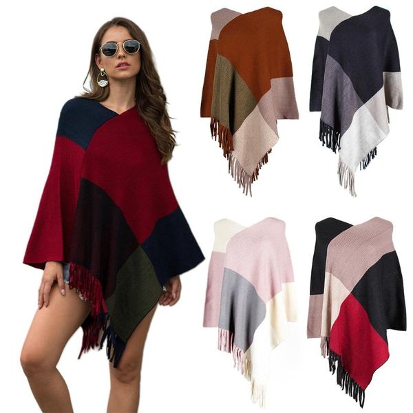 

scarves women color block poncho cape asymmetric tassels hem knitted shawl scarf wrap vintage fringed loose pullover sweater top, Blue;gray
