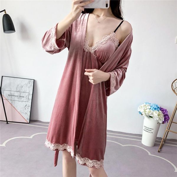 

women's sleepwear 2pcs robe suit velour lace trim nightdress casual kimono bath gown velvet nightwear women nighty&bathrobe set, Black;red