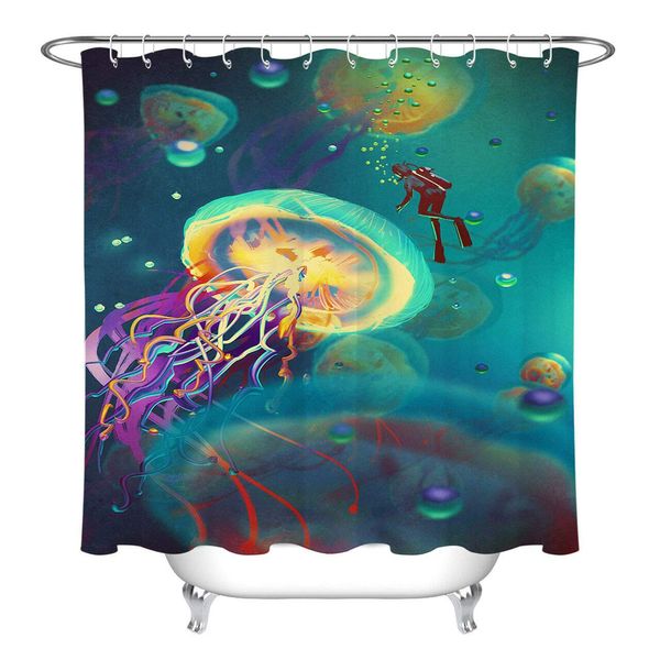 

children, children, abstract art jellyfish girl 12 hook shower curtain waterproof toilet decoration