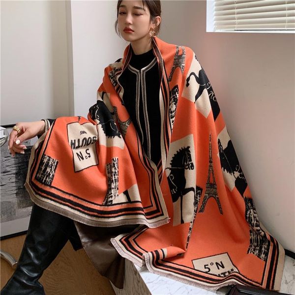 

scarves warm winter horse iron tower print cashmere shawl scarf women luxury 180*65cm pashmina wraps hijab neckercheif bufanda 2021, Blue;gray