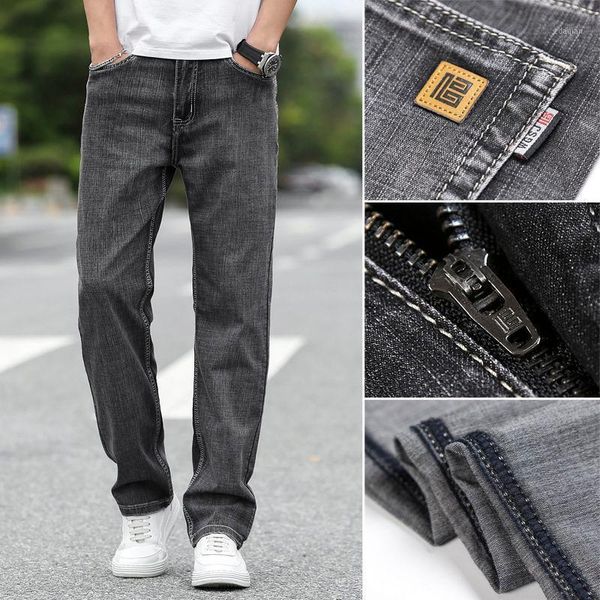 

spring and summer jeans straight barrel men breathable thin light-colored business pants middle-aged casual large size men's, Blue