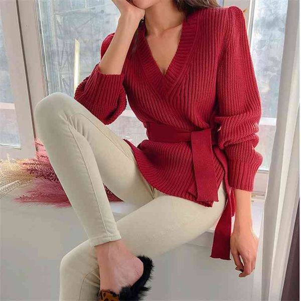 

new 2021 spring winter elegant lace up knitted sweaters ladies solid long sleeve split sweater women pullovers female, White;black