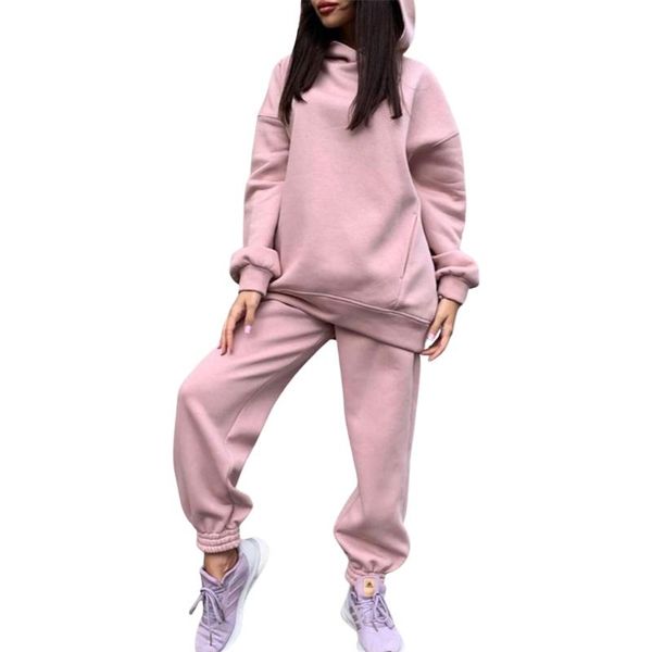 

women's two piece pants hirigin 2 pcs women sports outfits adults solid color long sleeve hooded sweater with pocket + drawstring, White