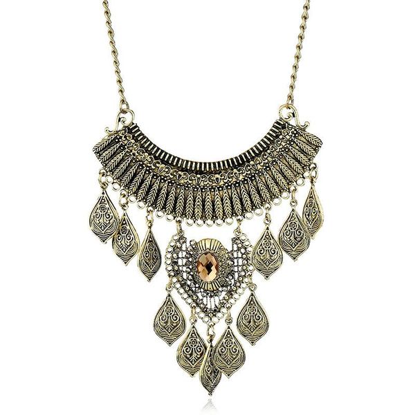 

pendant necklaces carved leaves bohemia ethnic tassel big chunky collar choker maxi vintage women pendants collier female jewelry, Silver