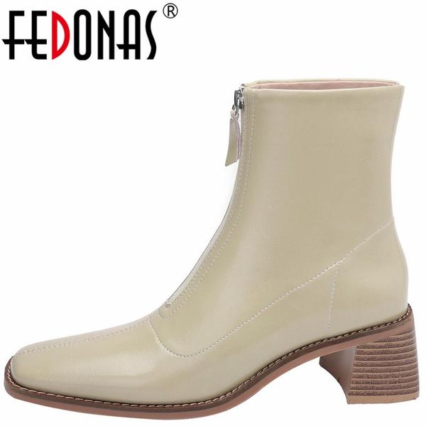 

boots fedonas square toe high heels women ankle front zipper genuine leather office autumn winter shoes woman fashion concise, Black