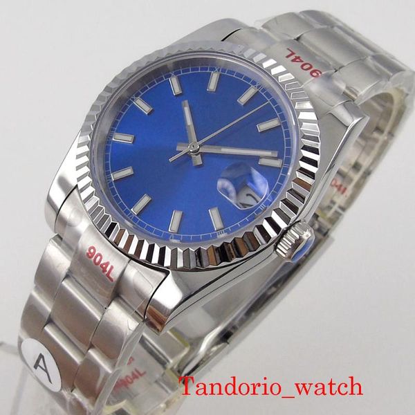 

wristwatches 36mm blue sterile no logo automtic mens watch sapphire glass lumimnous marks fluted bezel oyster bracelet, Slivery;brown