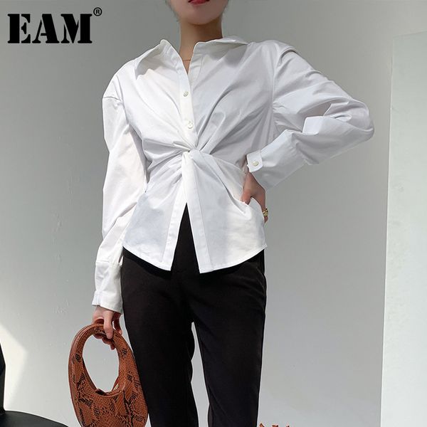 

[eam] women white waist knot irregular blouse lapel long sleeve loose fit shirt fashion spring autumn 1dd6049 21512