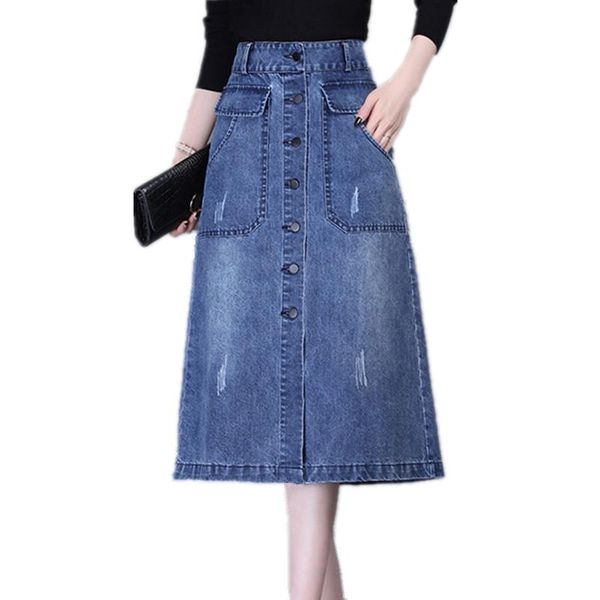 

fashion large size 2021 spring summer casual women high waist slim a-line denim skirts long single-breasted one-step skirt t154, Black