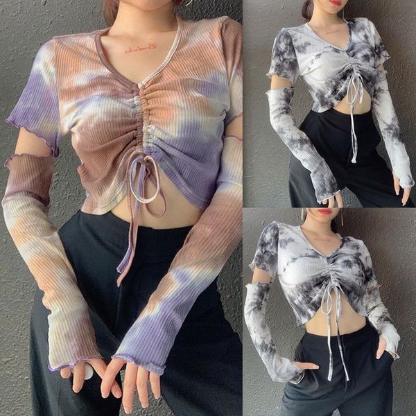 

women's t-shirt womens tie-dyed crop hollowed long sleeve v-neck front inner drawstring slimming gray colorful fashion s  l, White