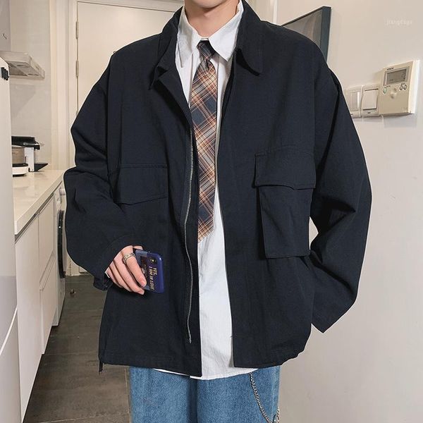 

men clothing 2021 autumn hong kong style retro clothes korean student jacket male loose tooling boys ins simple men's jackets, Black;brown