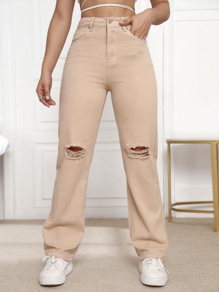 

high waist straight leg ripped jeans r2uk#, Blue