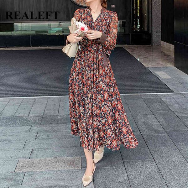 

vintage floral printing women long dress sashes v-neck high waist chiffon lace up straight female spring 210428, Black;gray