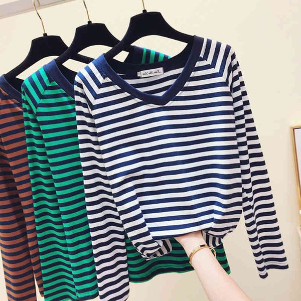 

women's sweaters gkfnmt camisa de manga comprida com listras, camiseta feminina casual branca, outono, vdwm, White;black
