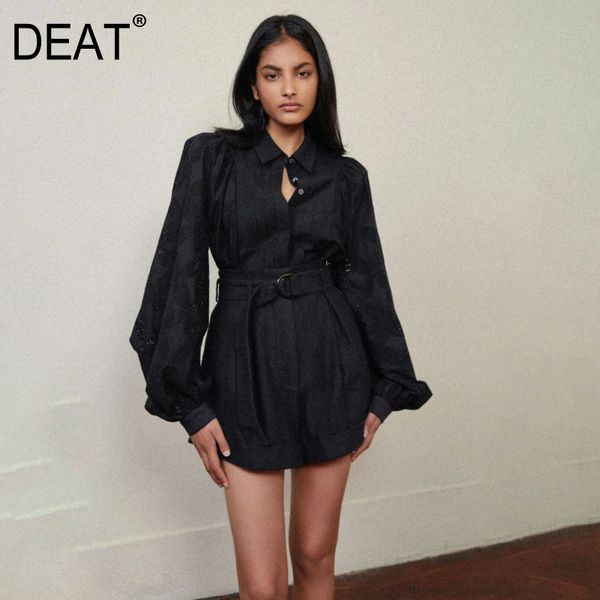 

[deat] lapel solid pleated embroidery splicing bandage waist cotton shirt high waist linen shorts suit women summer gx566 210428, White