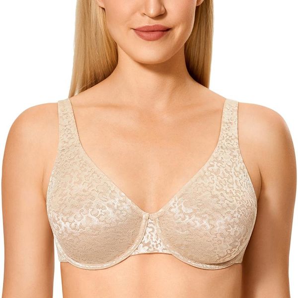

bras women's full coverage jacquard unlined plus size underwire seamless mesh bra beige black, Red;black