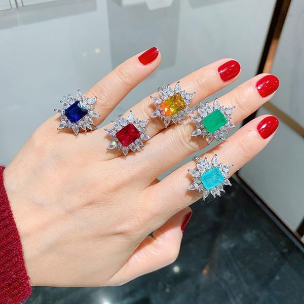

cluster rings knriquen 925 sterling silver 8*10mm paraiba tourmaline emerald ruby lab diamond cocktail party wedding fine jewelry gift, Golden;silver