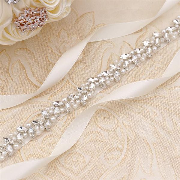 

wedding sashes simple silver color rhinestone bridal belt pearls crystal dress sash women waistband, White