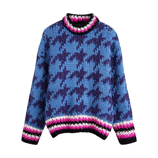 

women's sweaters stylish blue houndstooth print women sweater basic o-neck warm autumn knitted pullover female streetwear, White;black
