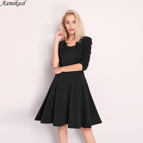 

elegant faux jacket dress women three quarter o-neck casual pleated tunic office knitted dresses vestidos de festa, Black;gray