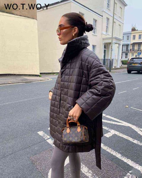 

wotwoy oversized cotton padded leather parkas women belted thick winter jackets ladies casual solid warm coat female windbreaker 211130, Black
