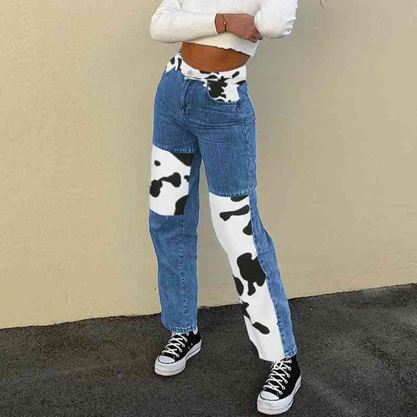 

biggorange high waist streetwear pants grunge style 90s denim jeans cow patchwork fashion women e-girl trendy trousers 210329, Blue